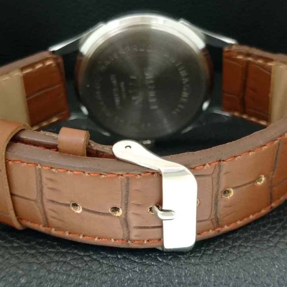 Vintage 1974 Fortis Manual Mens Silver Watch W/Leather Strap & Red accents